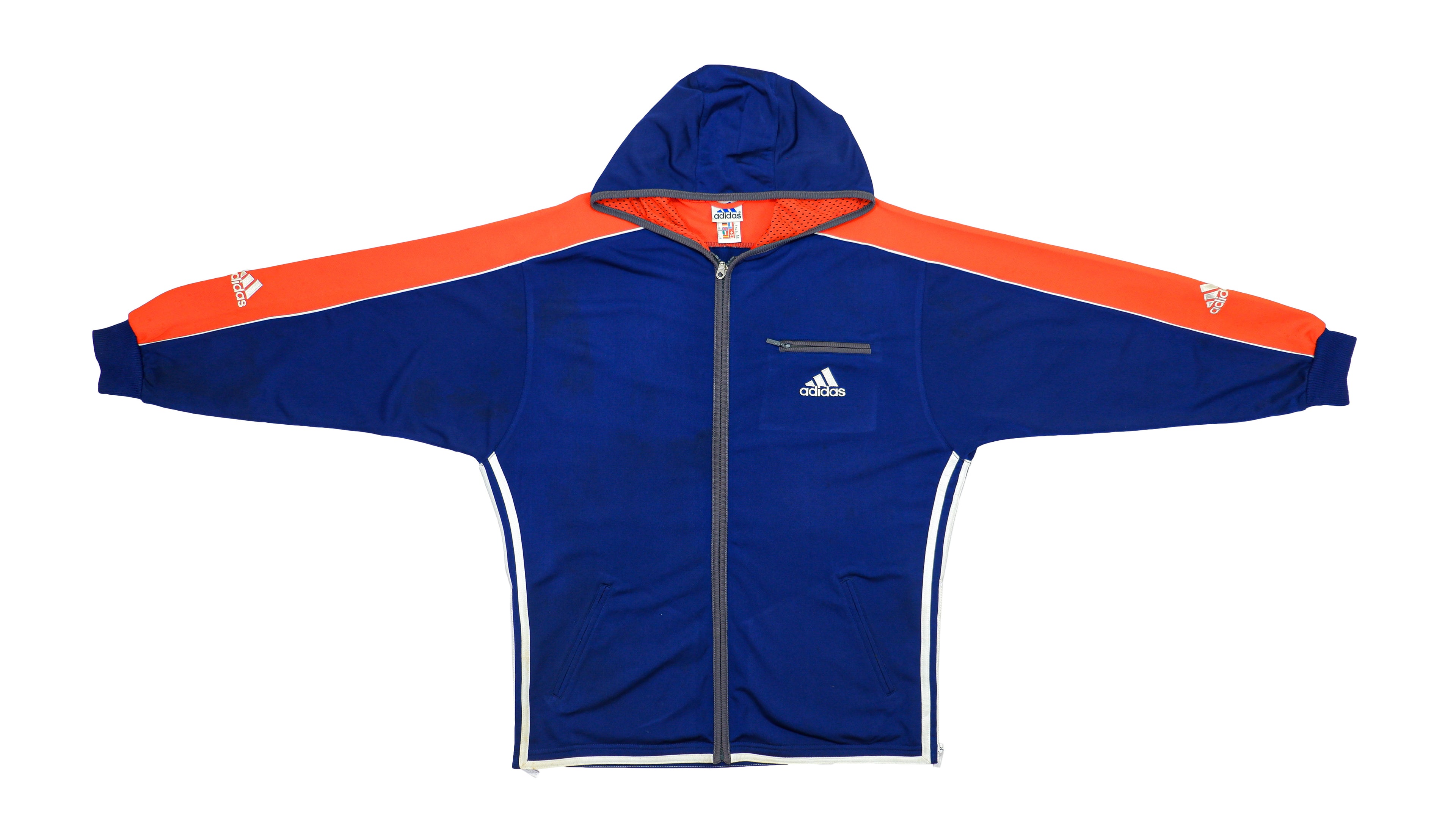 Adidas - Blue & Orange Giant Logo Hooded Track Jacket 1990s Large Vintage Retro