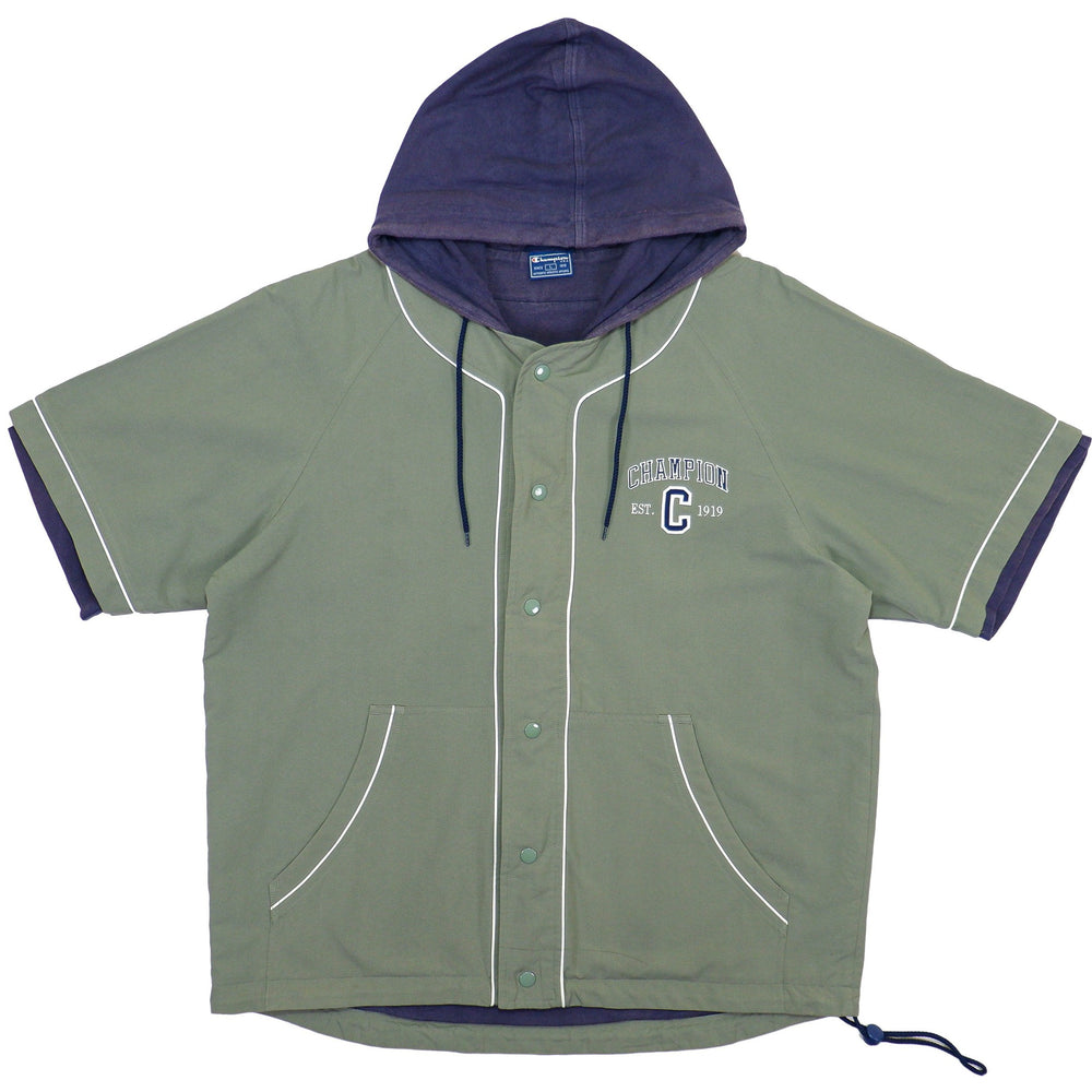 Champion - Green Button Up Hooded T-Shirt 1990s Large Vintage Retro