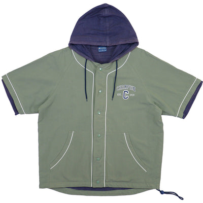 Champion - Green Button Up Hooded T-Shirt 1990s Large