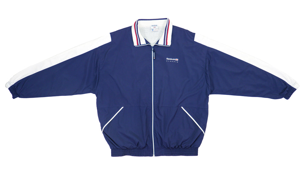 Reebok - Dark Blue & White Classic Spell-Out Windbreaker 1990s X-Large Vintage Retro