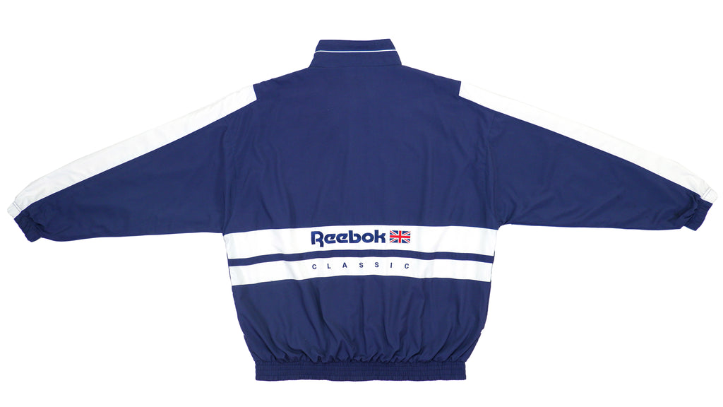 Reebok - Dark Blue & White Classic Spell-Out Windbreaker 1990s X-Large Vintage Retro