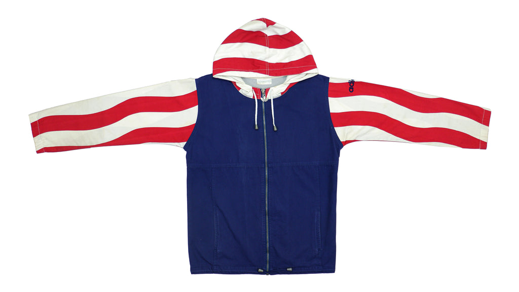 Adidas - Blue with White and Red Hooded Jacket 1990s Medium Vintage Retro