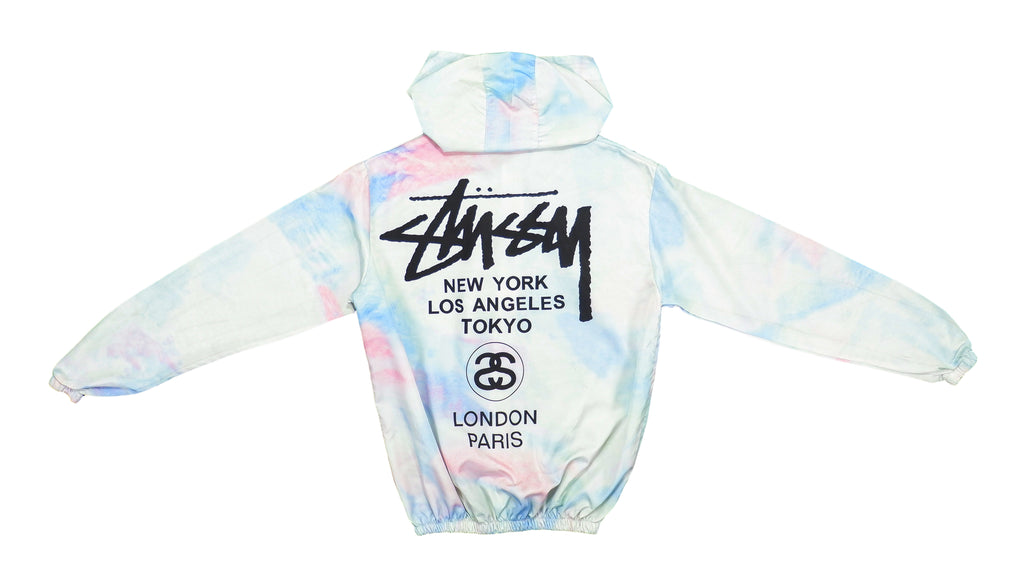 Stussy - White Pastel Spell-Out Hooded Windbreaker Small Vintage Retro