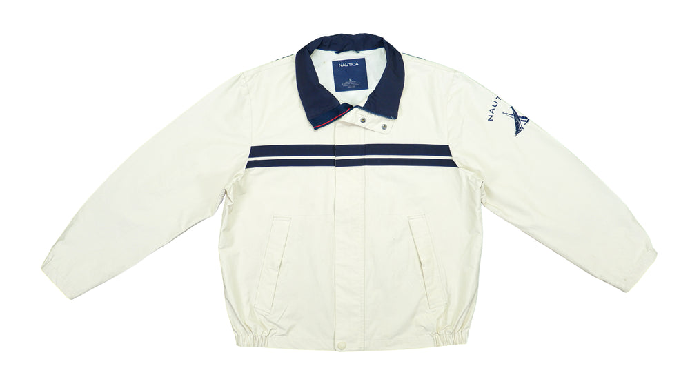 Nautica - Beige with Blue Competition Sailing Jacket 1990s Large Vintage Retro