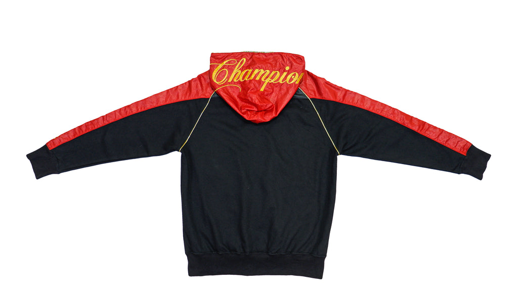Champion - Black and Red Spell-Out Hooded Windbreaker 1990s Medium Vintage Retro