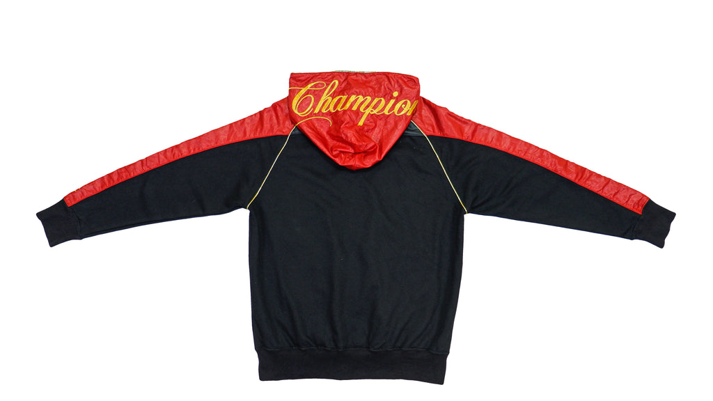 Champion - Black and Red Spell-Out Hooded Windbreaker 1990s Medium Vintage Retro