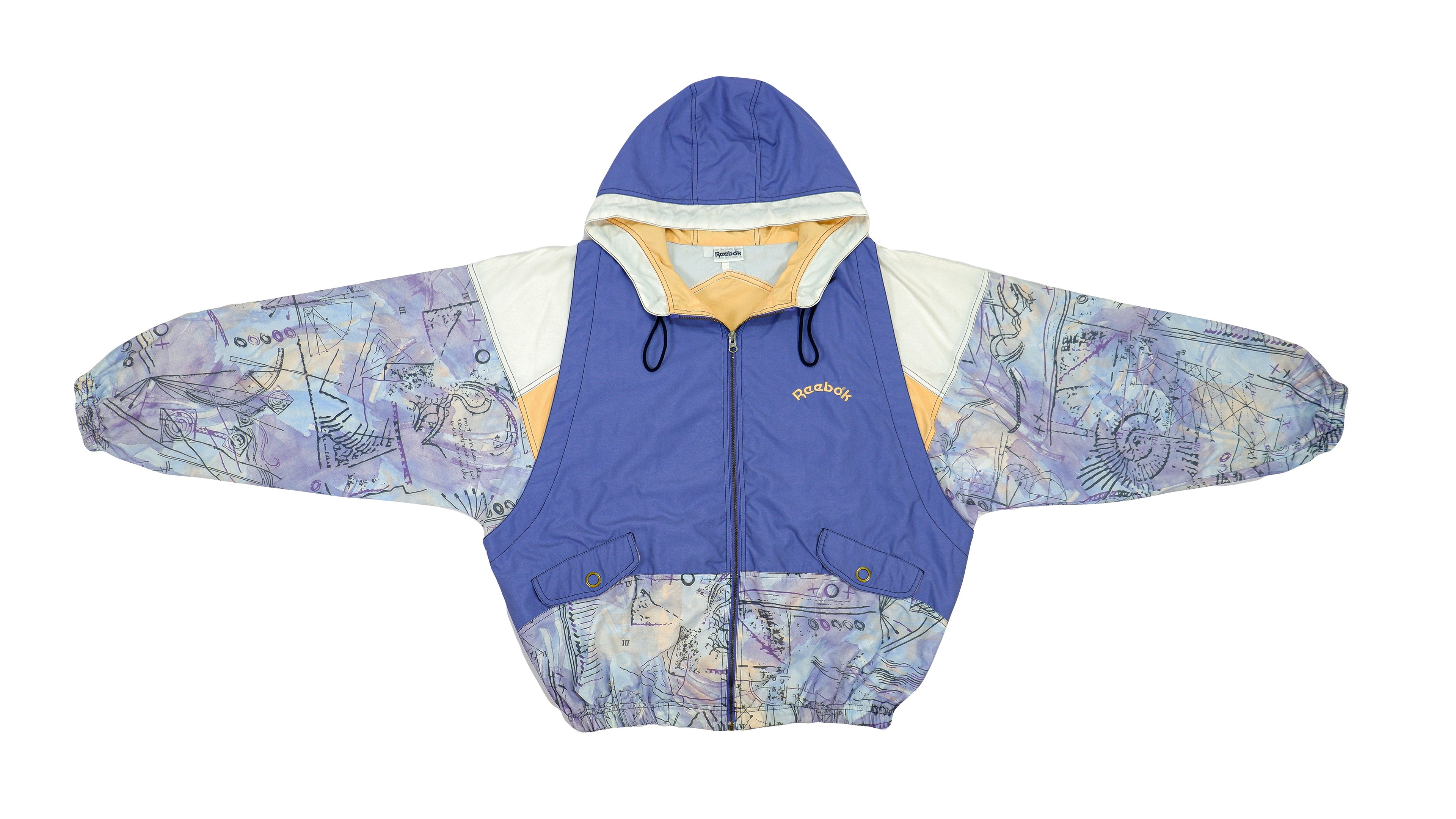 Reebok - Blue Crazy Patterned Hooded Windbreaker 1990s Large Vintage Retro