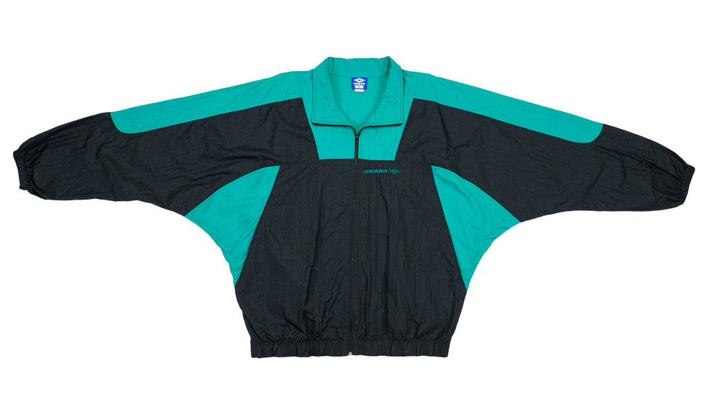 Umbro - Black with Green Colorblock Windbreaker 1990s X-Large Vintage Retro