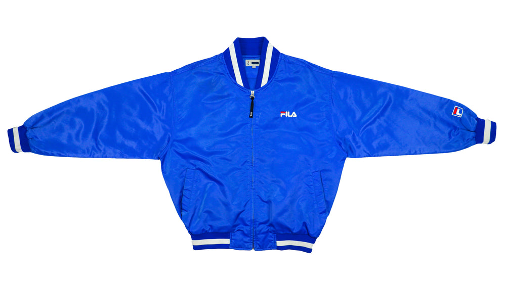 FILA - Blue Zip-Up Satin Jacket 1990s Large Vintage Retro