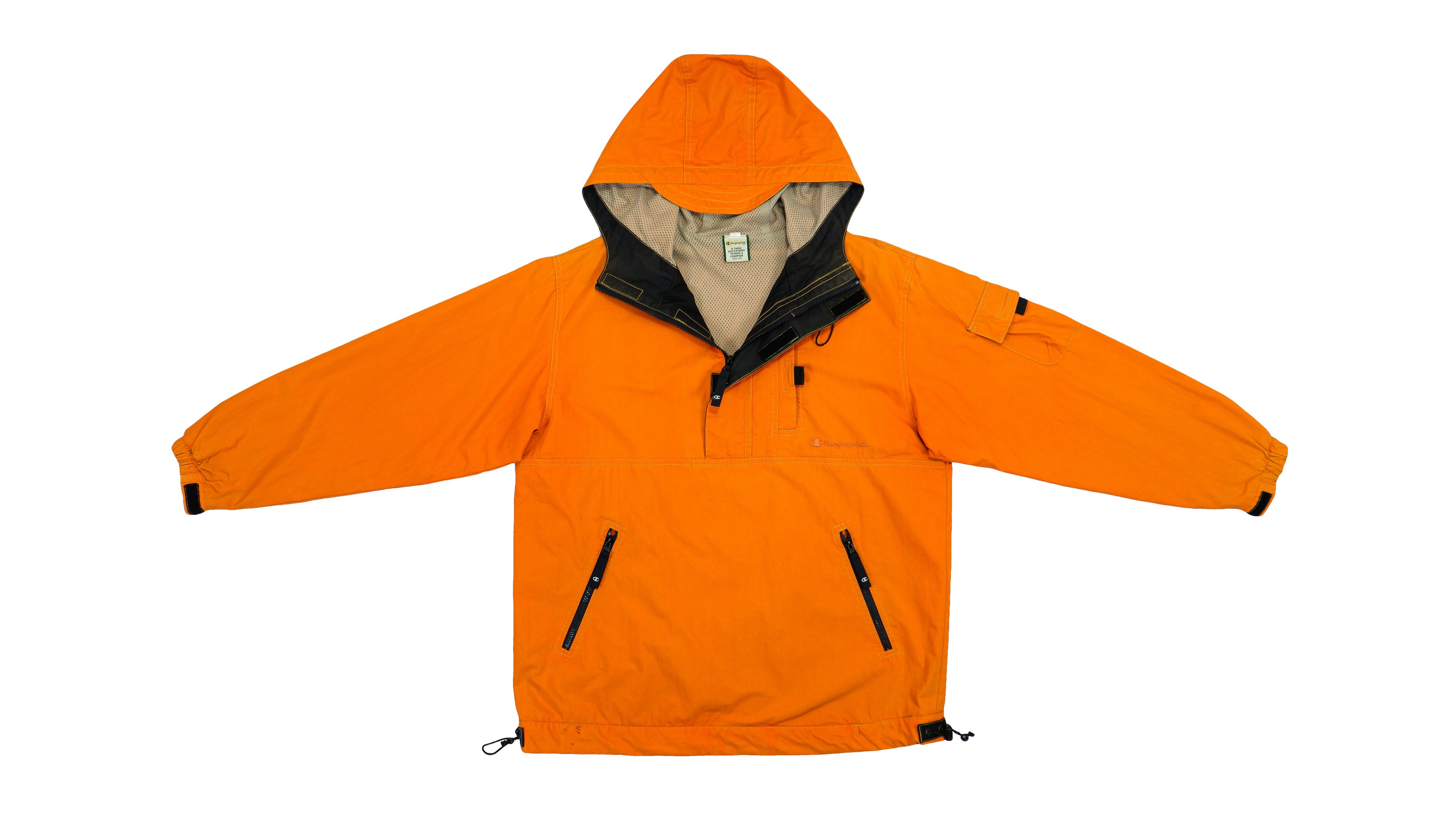 Champion - Orange 1/4 Zip Hooded Windbreaker 1990s Medium Vintage Retro