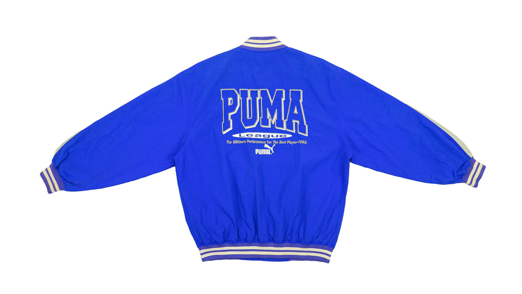 Puma - Blue Stripes Big Spell-Out Baseball Jacket 1990s Medium Vintage Retro