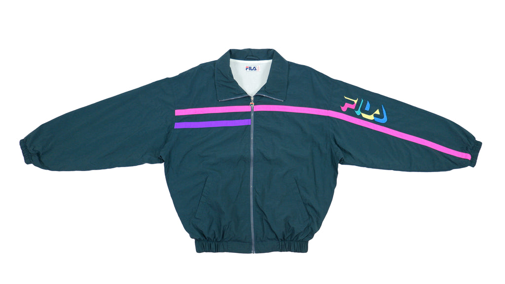 FILA - Blue Zip-Up Spell-Out Windbreaker 1990s Large Vintage Retro