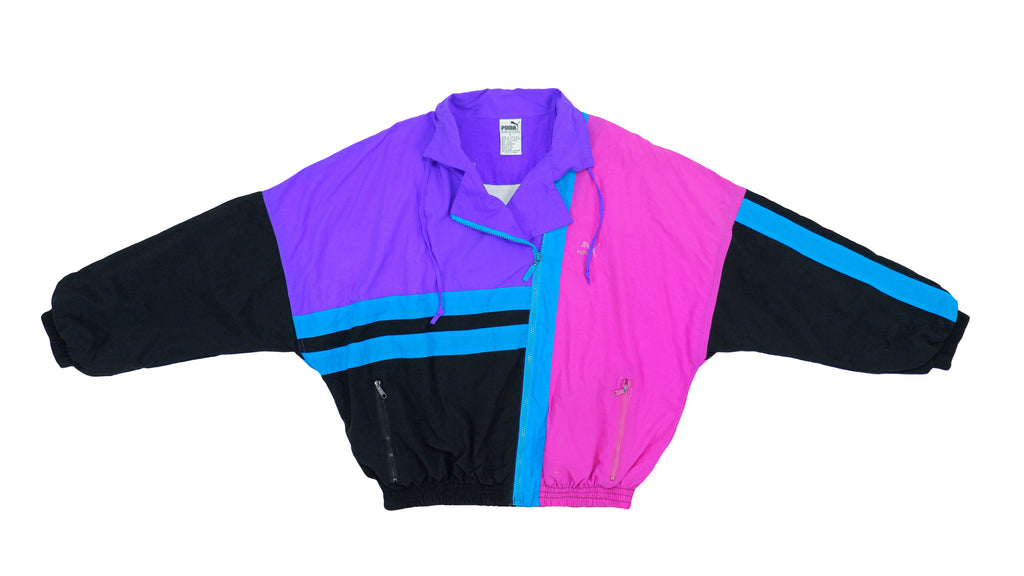 Puma - Black, Pink & Blue Colorblock Windbreaker 1990s Large Vintage Retro
