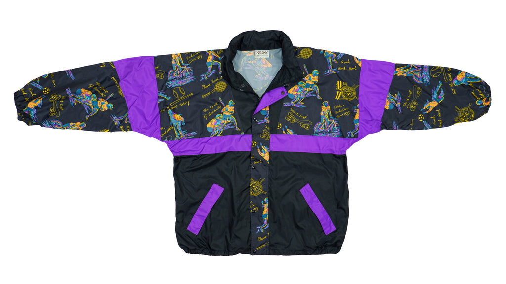 Vintage - Black & Purple Baseball Patterned Jacket 1990s Large Vintage Retro