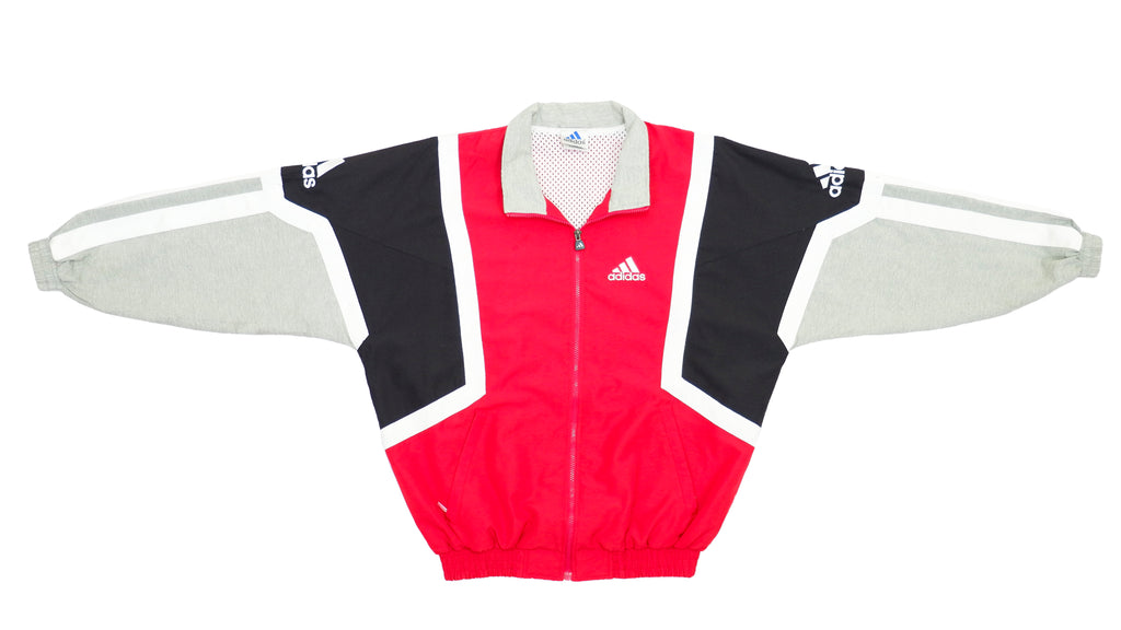 Adidas - Red, Black & Grey Spell-Out Track Jacket 1990s Large Vintage Retro