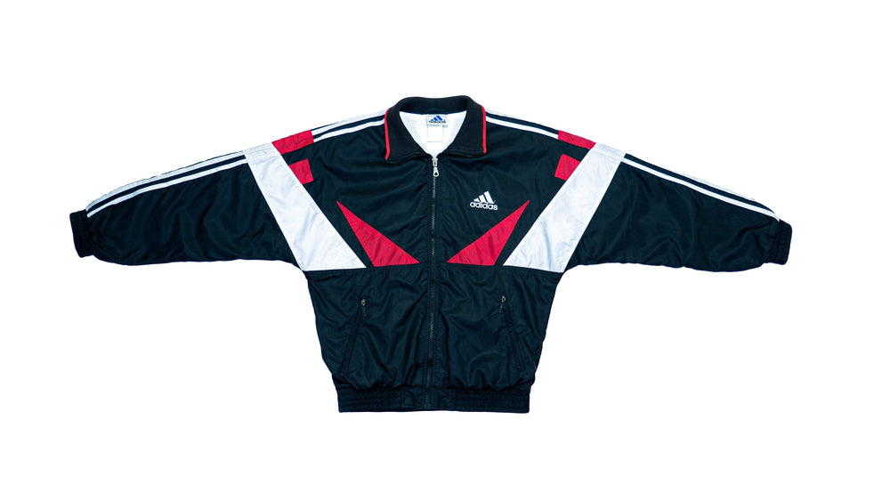 Adidas - Black & White with Red Colorblock Windbreaker 1990s Medium Vintage Retro
