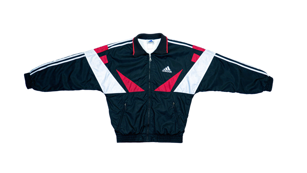 Adidas - Black & White with Red Colorblock Windbreaker 1990s Medium Vintage Retro
