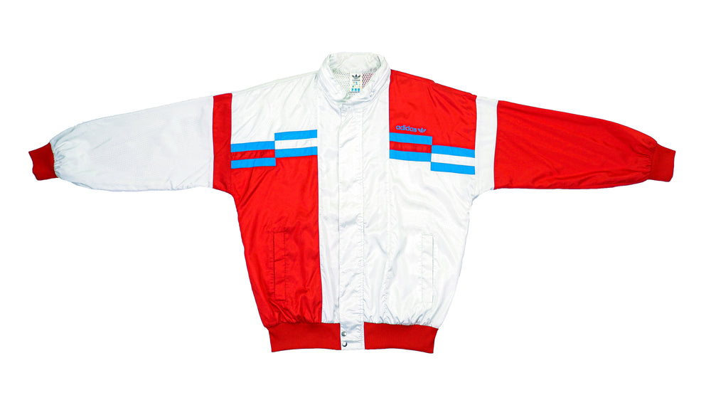 Adidas - Red & White Colorblock Bomber Jacket 1990s Large Vintage Retro