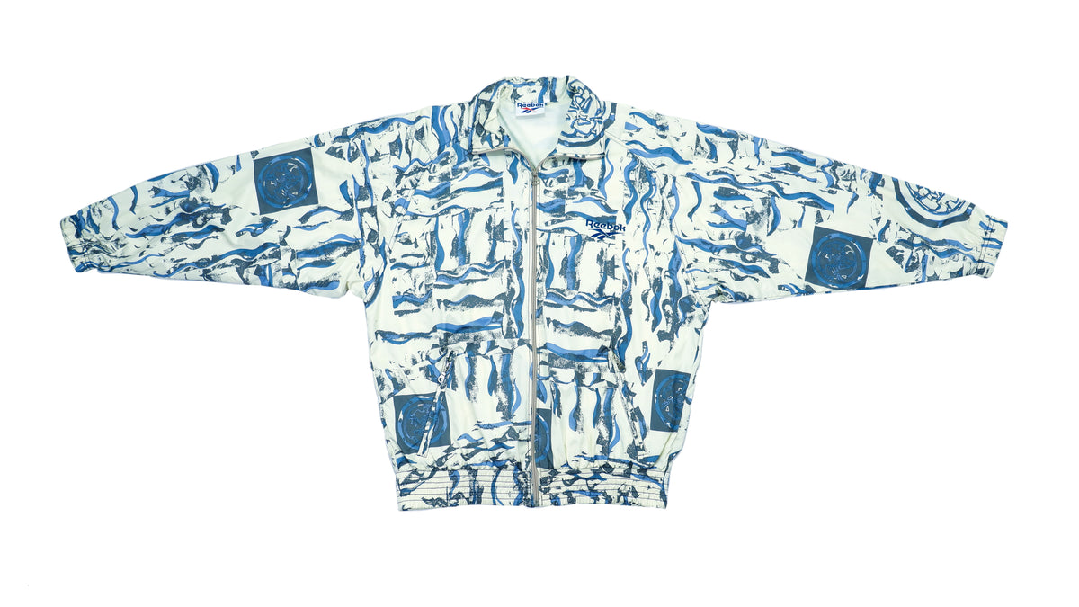Reebok White and Blue Crazy Patterned Track Jacket 1990s Medium Retro Vintage 