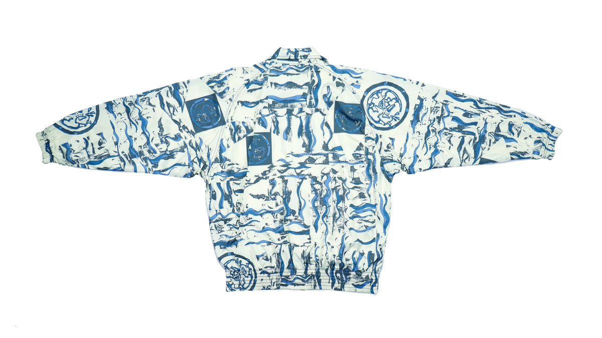 Reebok White and Blue Crazy Patterned Track Jacket 1990s Medium Retro Vintage 