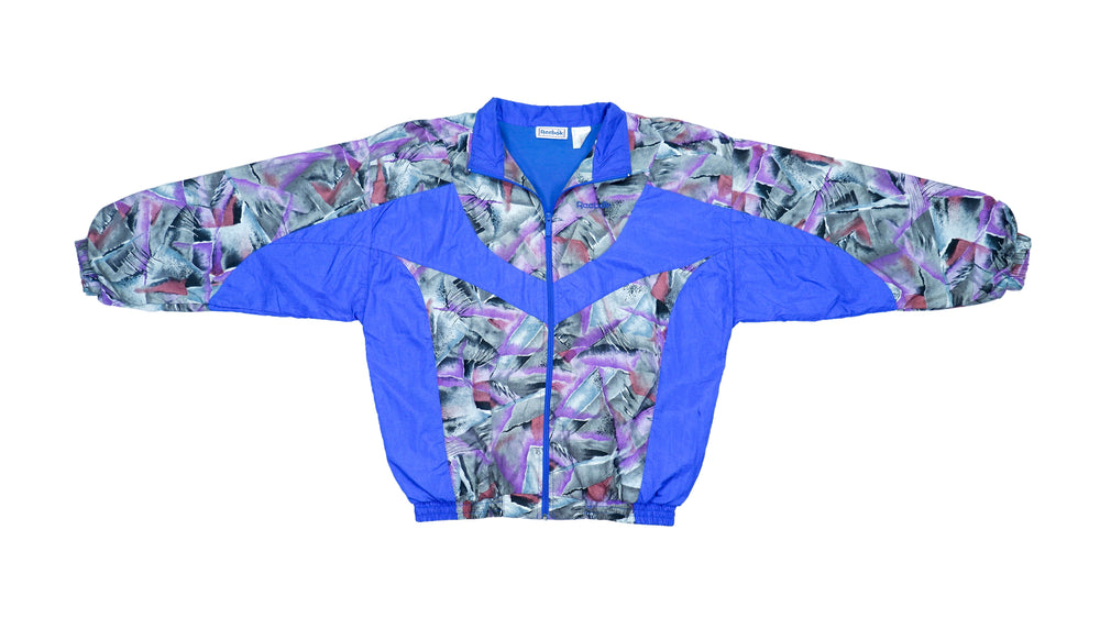 Vintage Retro Reebok Blue Crazy Patterned Windbreaker Jacket 1980s Large