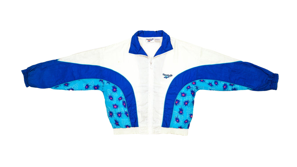 Retro Vintage Reebok Blue and White Funky Patterned Windbreaker Jacket 1990s Small