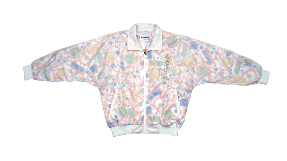 Vintage Retro Reebok Multi Color Crazy Patterned Windbreaker Jacket 1990s Large