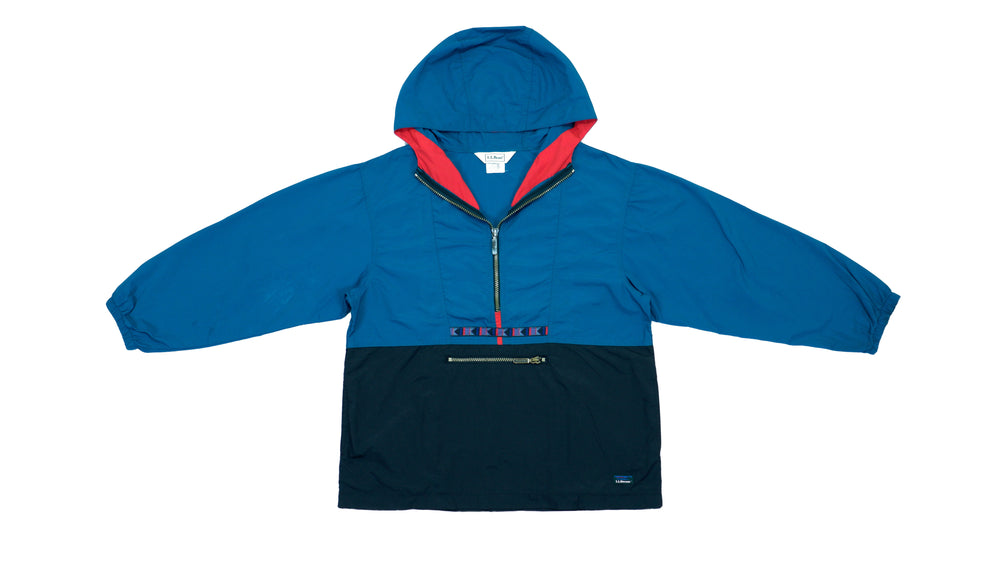 Vintage Retro LL Bean - Blue & Black 1/4 Zip Hooded Windbreaker 1990s Medium