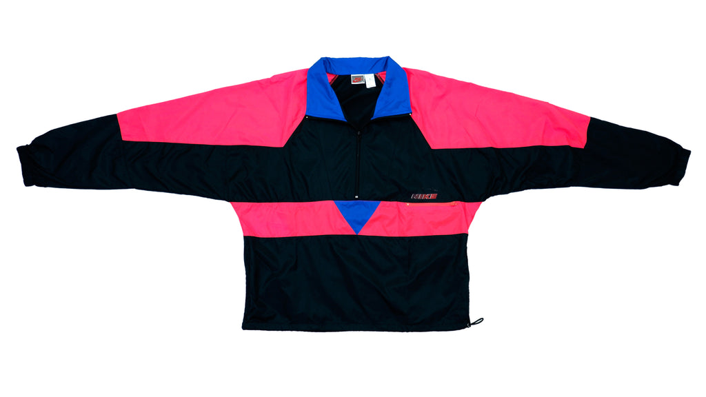 Retro Vintage Grey Tag Nike - Black and Pink Color Block 1/4 Zip Windbreaker Jacket 1980s Large