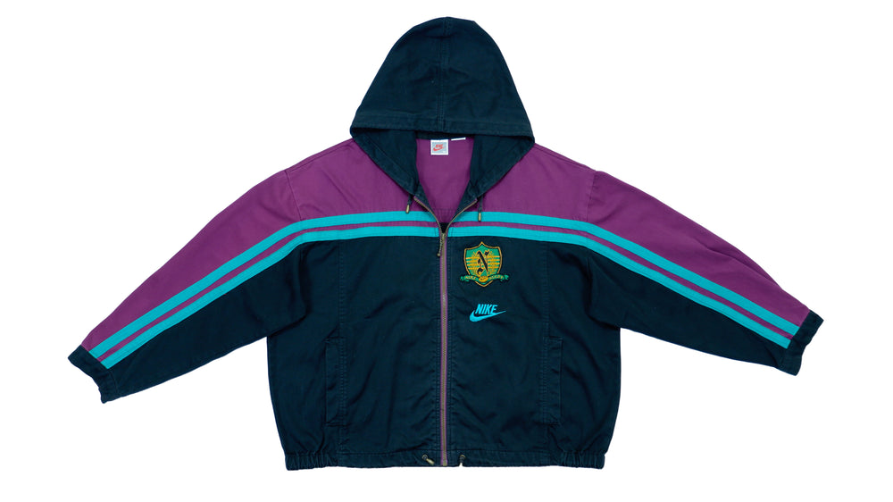Retro Vintage Grey Tag Nike - Black and Purple Colorblock Rugby Embroidered Jacket 1990s X-Large