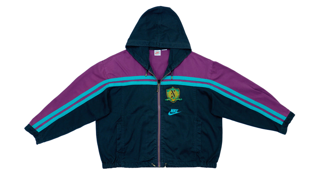 Retro Vintage Grey Tag Nike - Black and Purple Colorblock Rugby Embroidered Jacket 1990s X-Large