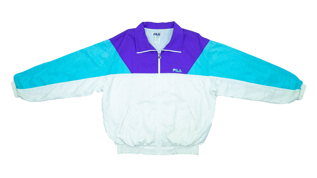 FILA - White, Purple & Aqua Colorblock Track Jacket 1990s X-Large
