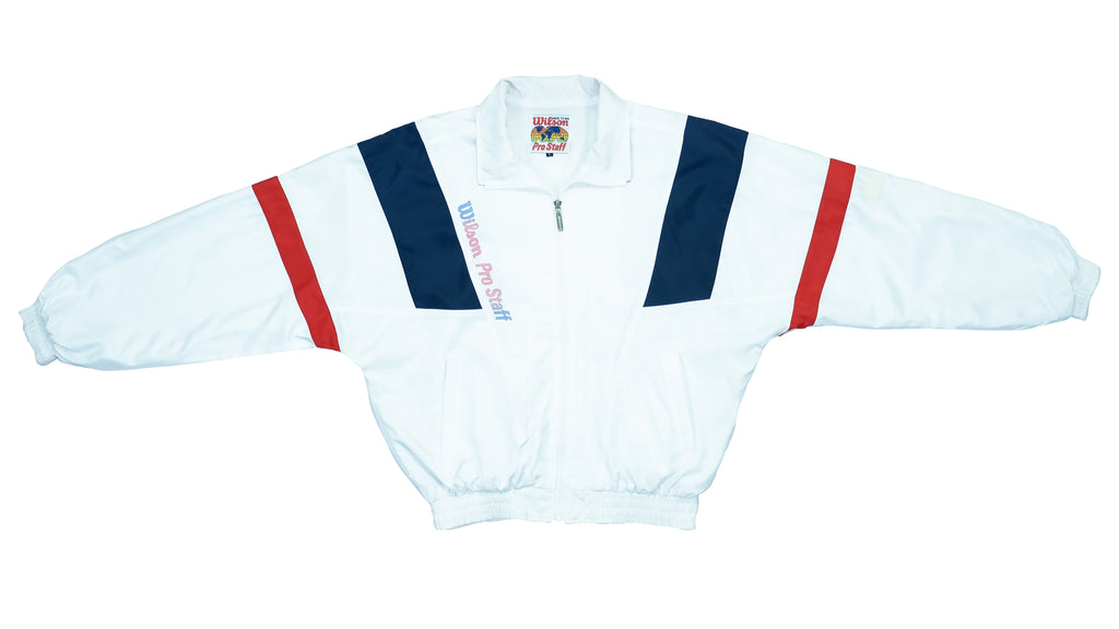 Vintage Retro Wilson - White with Blue & Red Bomber Jacket 1990s Large