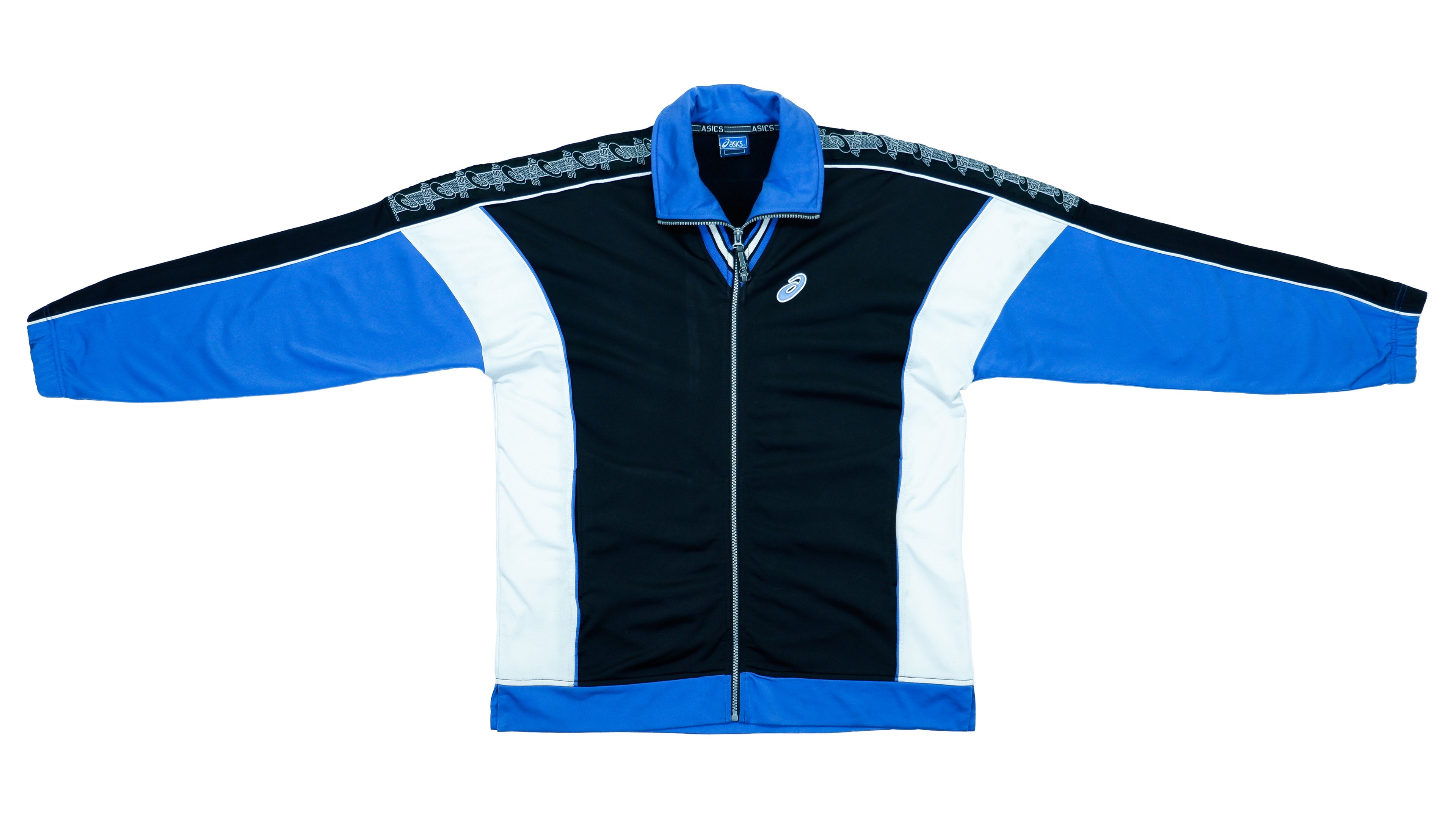 Vintage Retro Asics - Blue and B&W Taped Logo Track Jacket 1990s Large