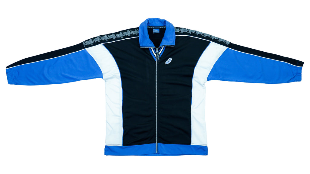 Vintage Retro Asics - Blue and B&W Taped Logo Track Jacket 1990s Large