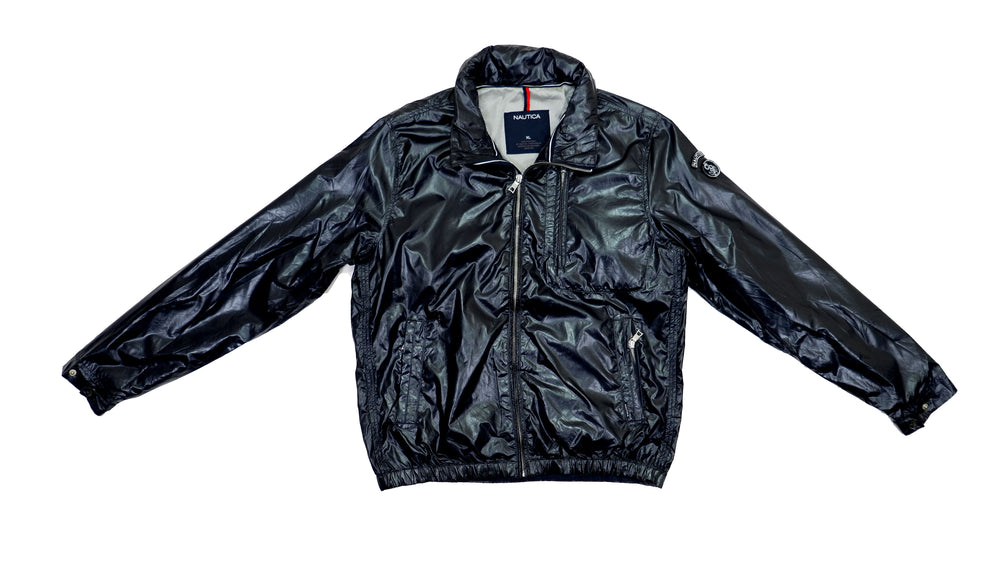 Nautica - Black Flashy Leather Windbreaker 1990s Large Vintage Retro