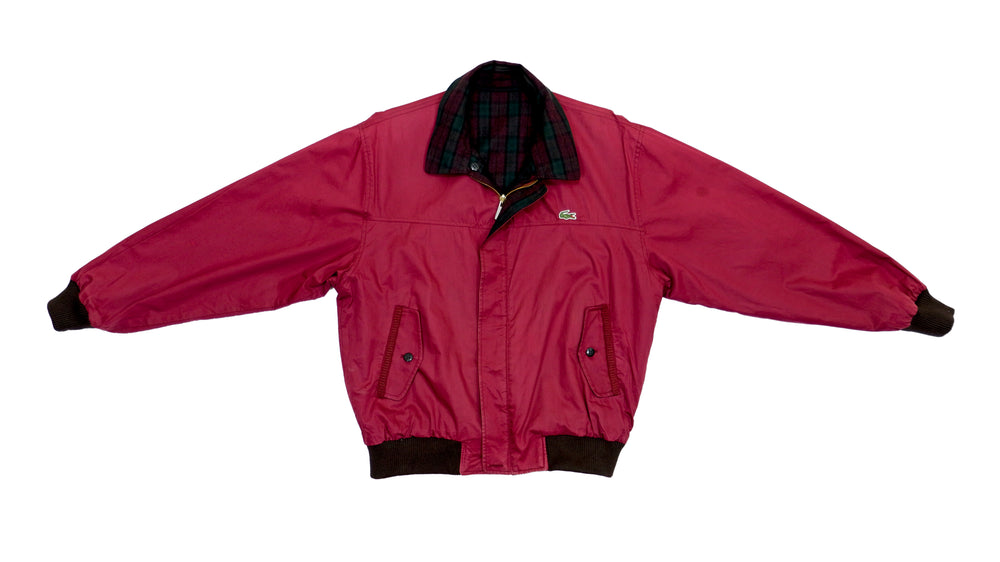 Lacoste - Red Satin & Plaid Reversible Bomber Jacket 1990s Large Vintage Retro