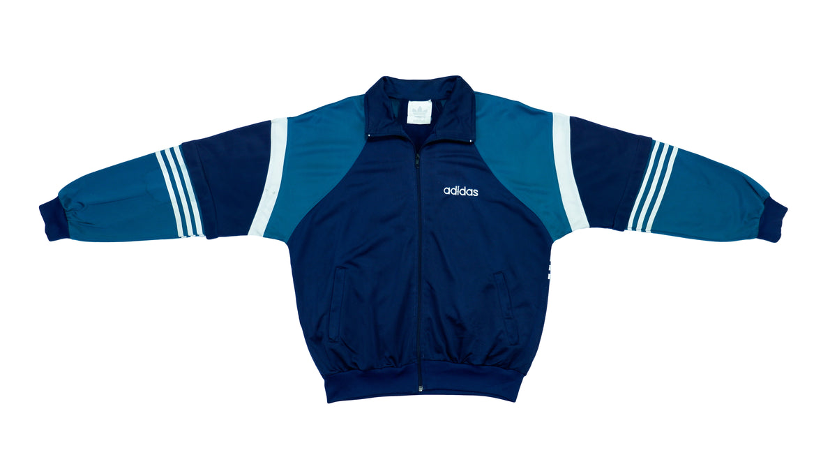 Adidas - Blue with White Stripes Big Logo Track Jacket 1990s Medium Vintage Retro