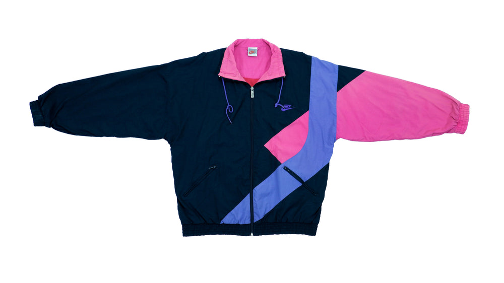 Nike - Black, Pink & Blue Colorblock Grey Tag Windbreaker 1980s Large Vintage Retro