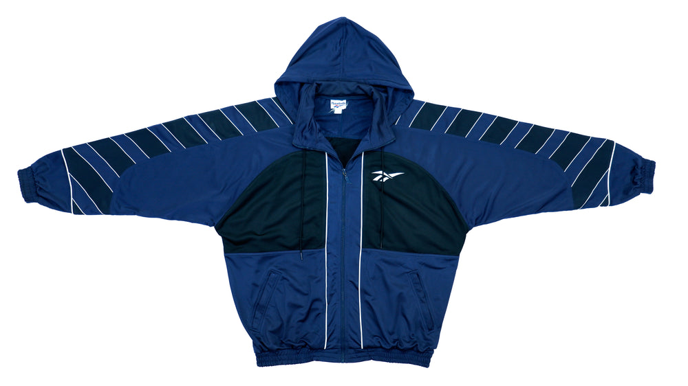Reebok - Blue & Black Spell Out Hooded Track Jacket 1990s X-Large Vintage Retro