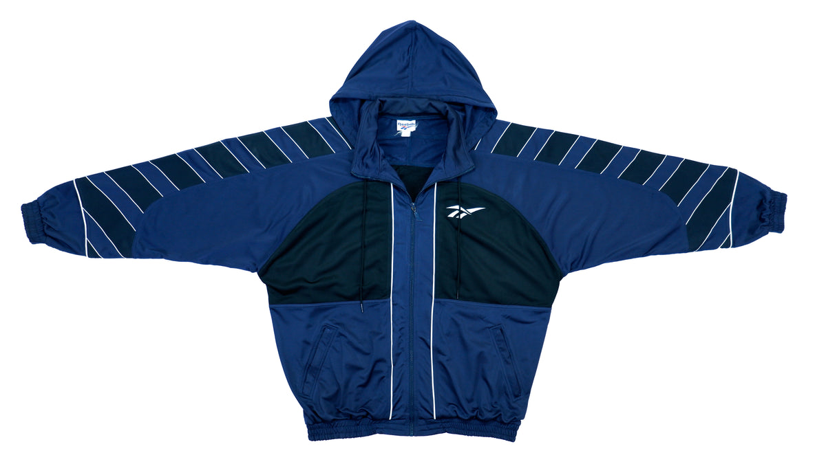 Reebok - Blue & Black Spell Out Hooded Track Jacket 1990s X-Large Vintage Retro