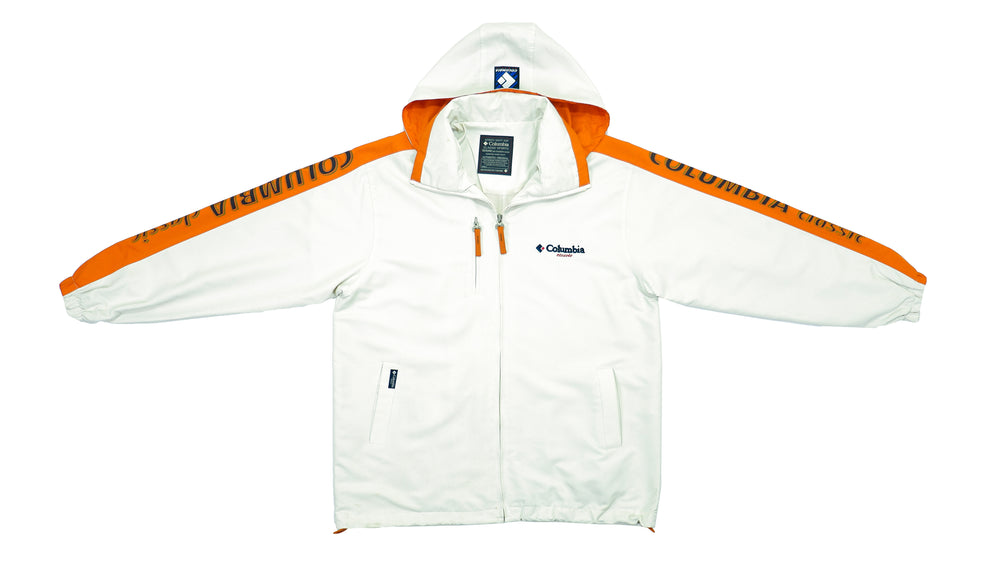 Columbia - White & Orange Taped Logo Hooded Windbreaker 1990s Large Vintage Retro 