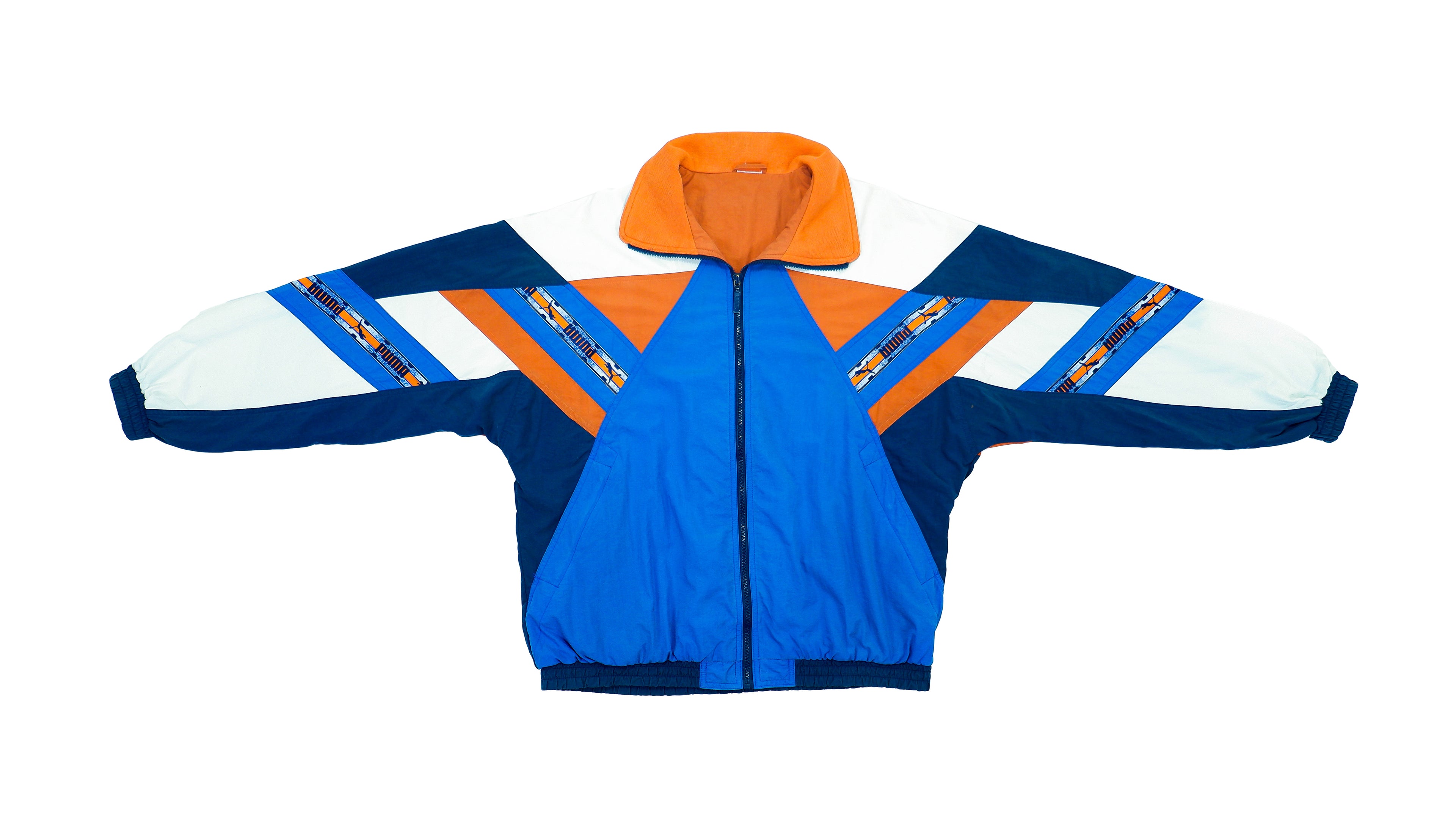 Puma - Blue, White & Orange Taped Logo Windbreaker 1990s Large Vintage Retro 