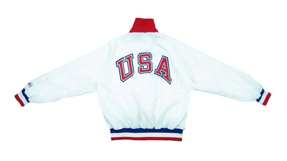 Champion - White USA Satin Jacket 1990s Large Vintage Retro Olympic 