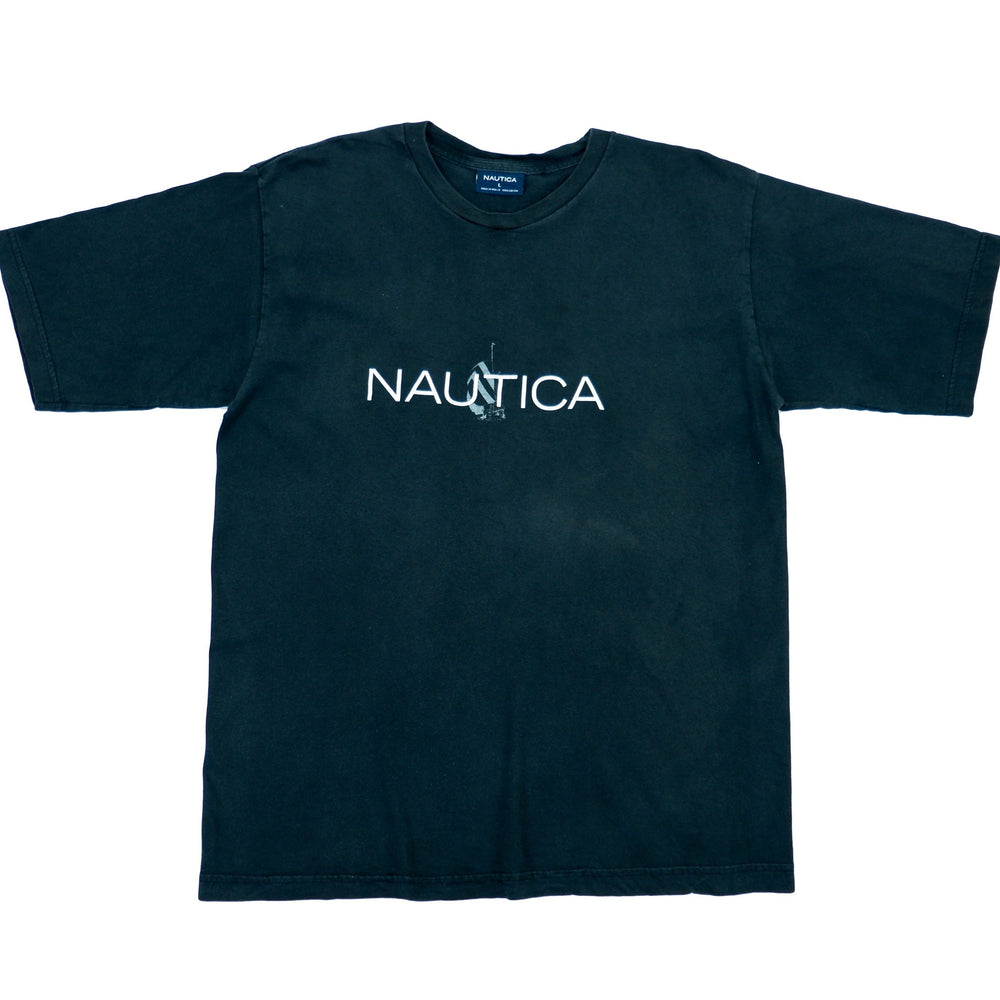 Nautica - Black Spell-Out T-Shirt 1990s Large Vintage Retro