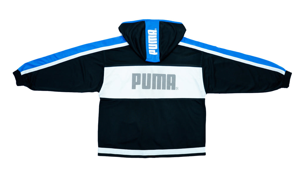Puma - Black & White Big Logo Hooded Track Jacket 1990s Large Vintage Retro 