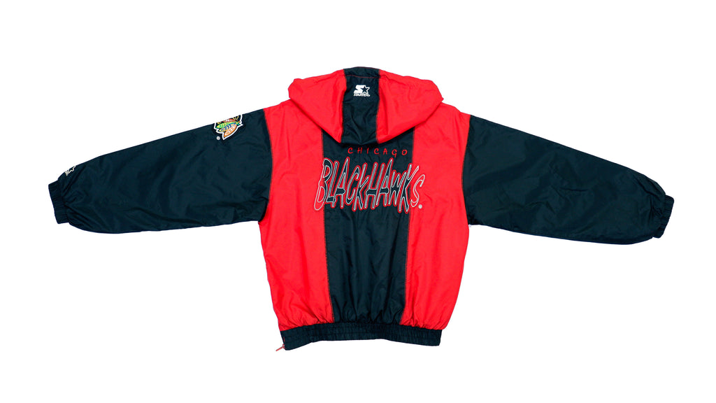 Starter - Chicago Blackhawks 1/4 Zip Hooded Pullover 1990s Medium Vintage Retro Hockey NHL