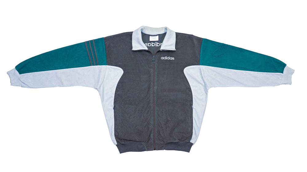 Adidas - Grey & Green Suede Track Jacket 1990s Large Vintage Retro 