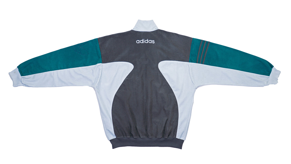 Adidas - Grey & Green Suede Track Jacket 1990s Large Vintage Retro 