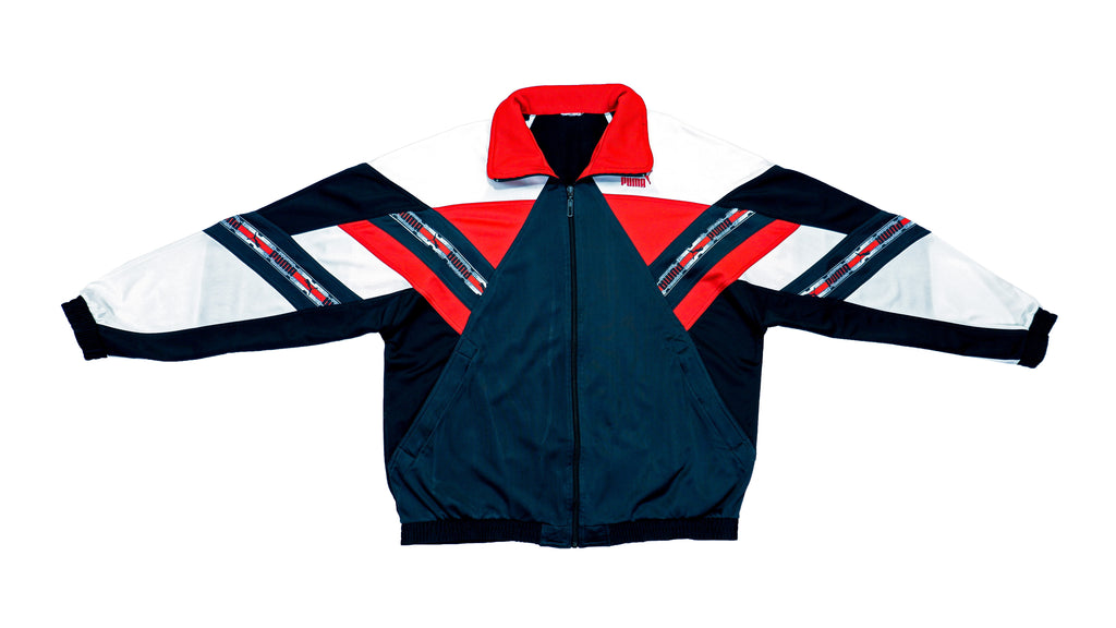 Puma - Dark Blue, Black, White and Red Taped Logo Track Jacket 1990s Large Vintage Retro 